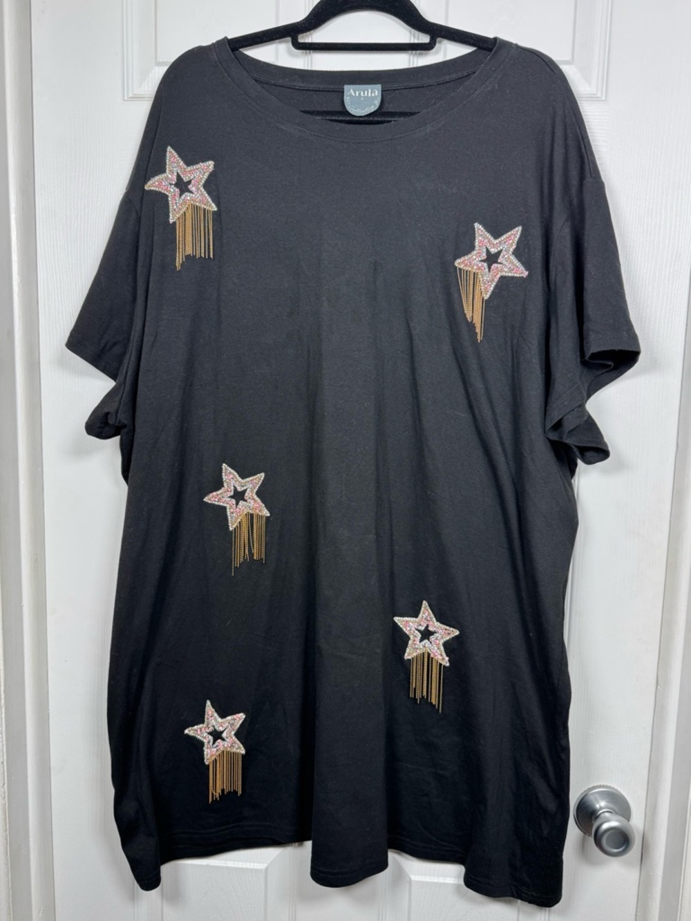 ARULA Black Mini Dress with Pink Star Embellishments and Gold Fringe